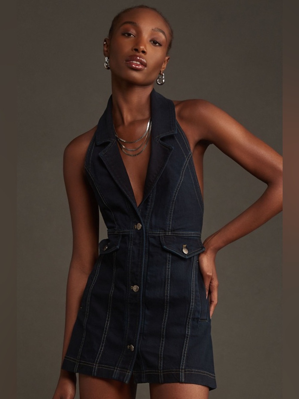 Pilcro by Anthropologie Longline Halter Denim Vest Mini Dress Dark Indigo